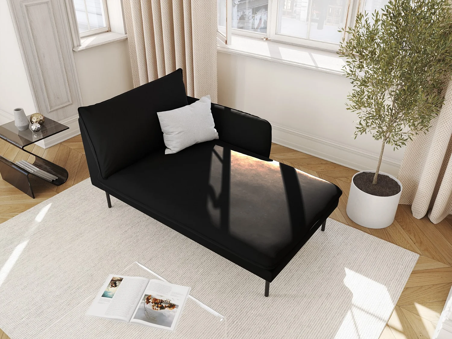 Cosmopolitan Design - Chaise longue de angulo derecho "Vienna" de terciopelo negro - 170x110x95cm
