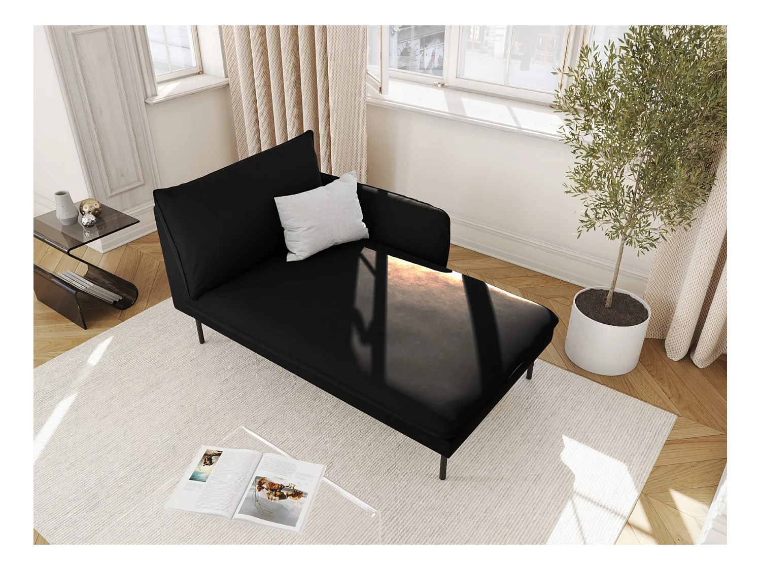 Cosmopolitan Design - Rechter chaise longue "Vienna" Flueel, Zwart - 170x110x95cm