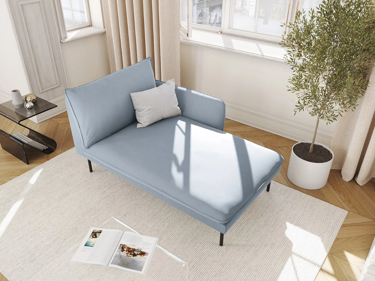 Cosmopolitan Design - Chaise longue direita "Vienna" em veludo azul claro - 170x110x95cm
