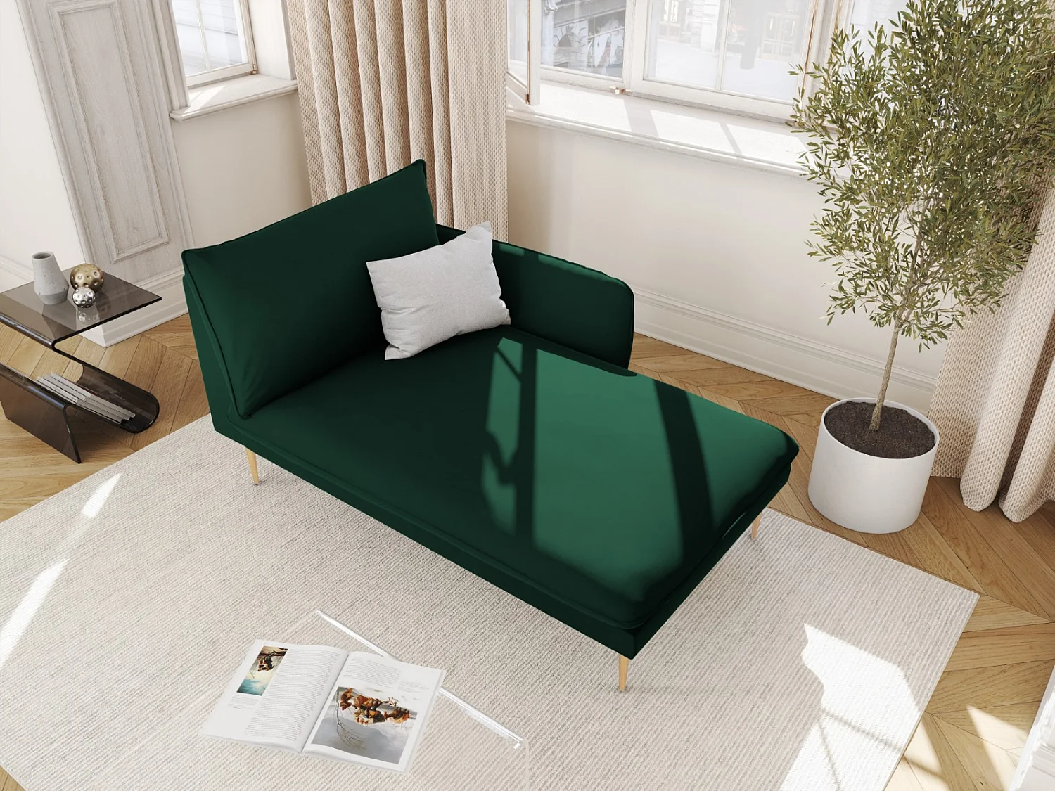 Cosmopolitan Design - Chaise longue direita "Vienna" em veludo verde garrafa - 170x110x95cm