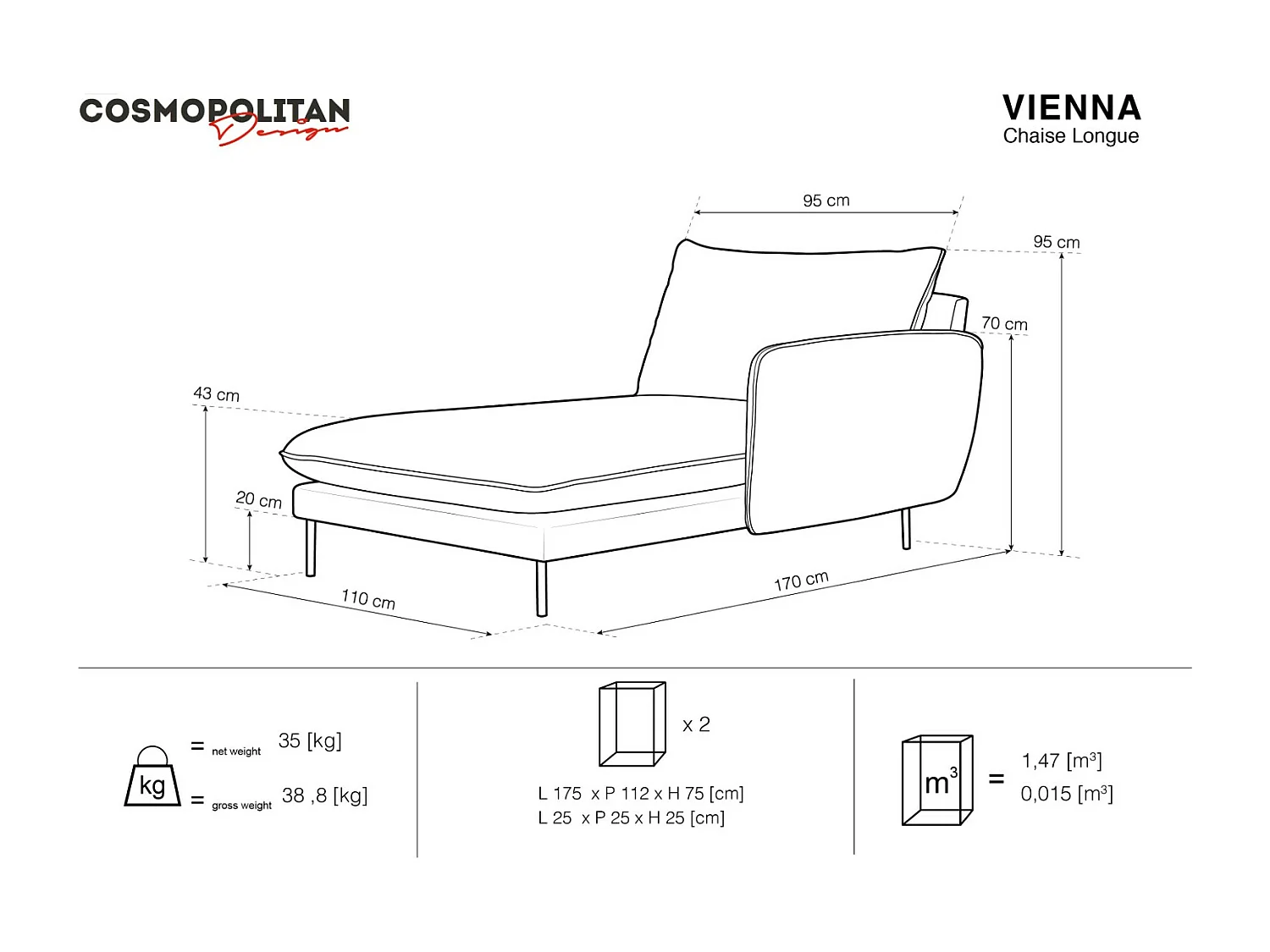 Cosmopolitan Design - Méridienne droite "Vienna" en velours bleu - 170x110x95cm