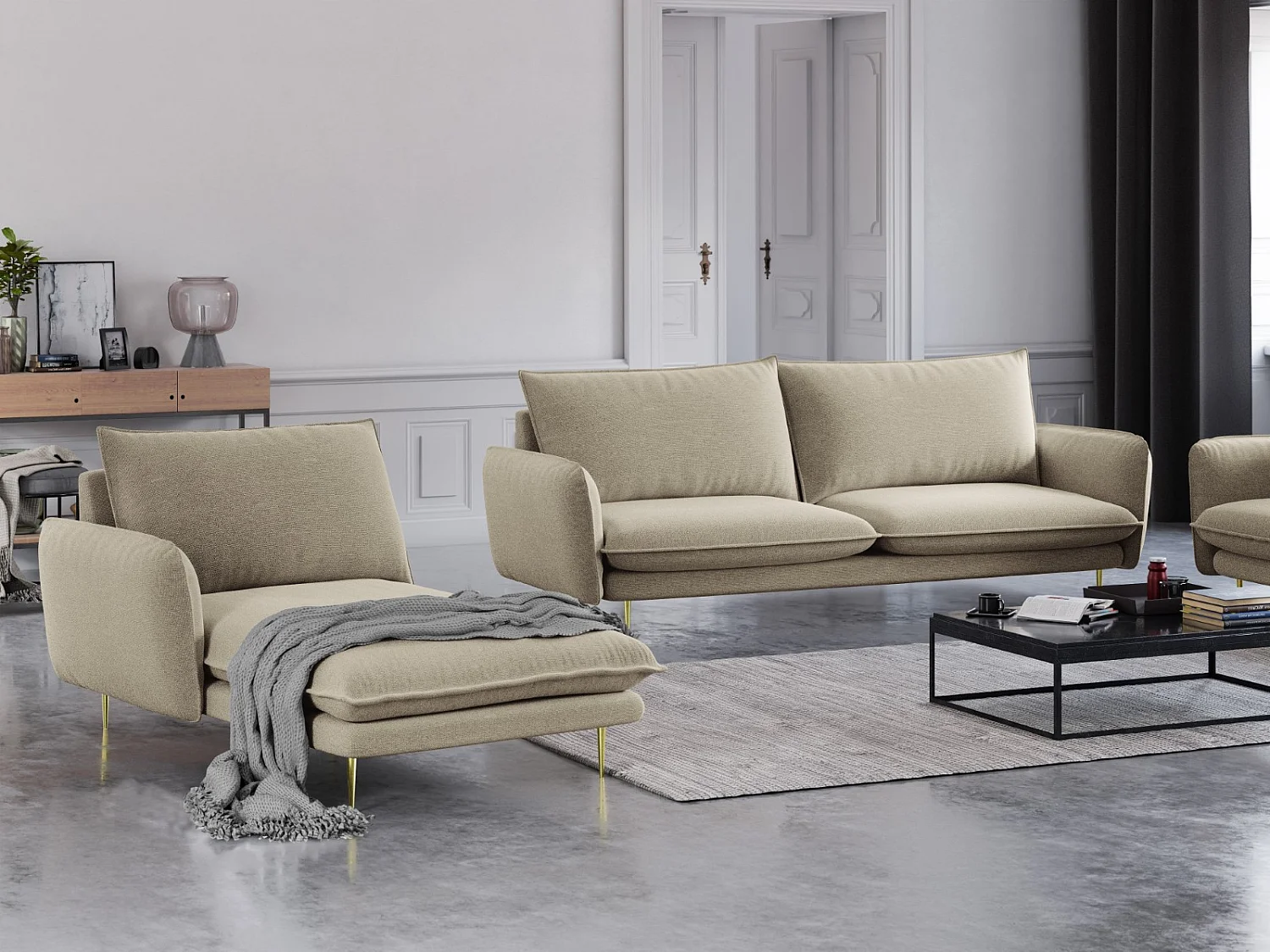 Cosmopolitan Design - Chaise longue esquerda "Vienna" em tecido estrutural bege - 170x110x95cm