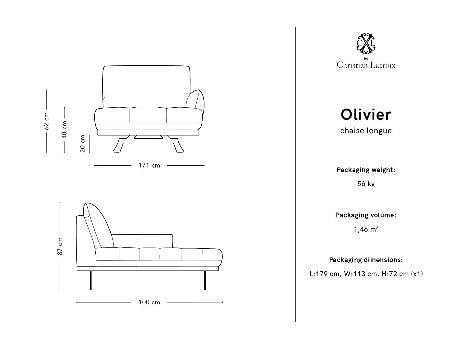 CXL by Christian Lacroix - Chaiselongue rechts "Olivier" Sitzer aus Echtleder schwarz - 171x100x87cm