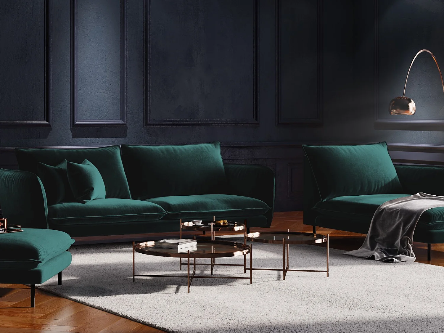 Cosmopolitan Design - Méridienne droite "Vienna" en velours pétrole - 170x110x95cm