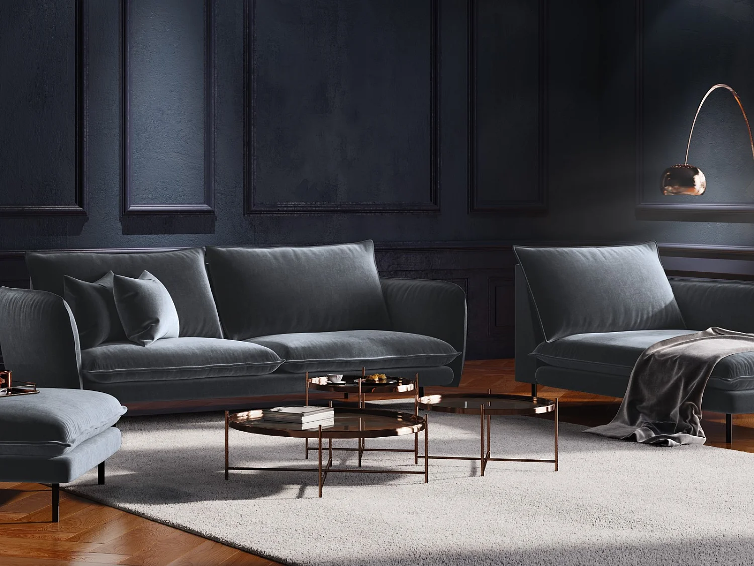 Cosmopolitan Design - Méridienne droite "Vienna" en velours bleu gris - 170x110x95cm