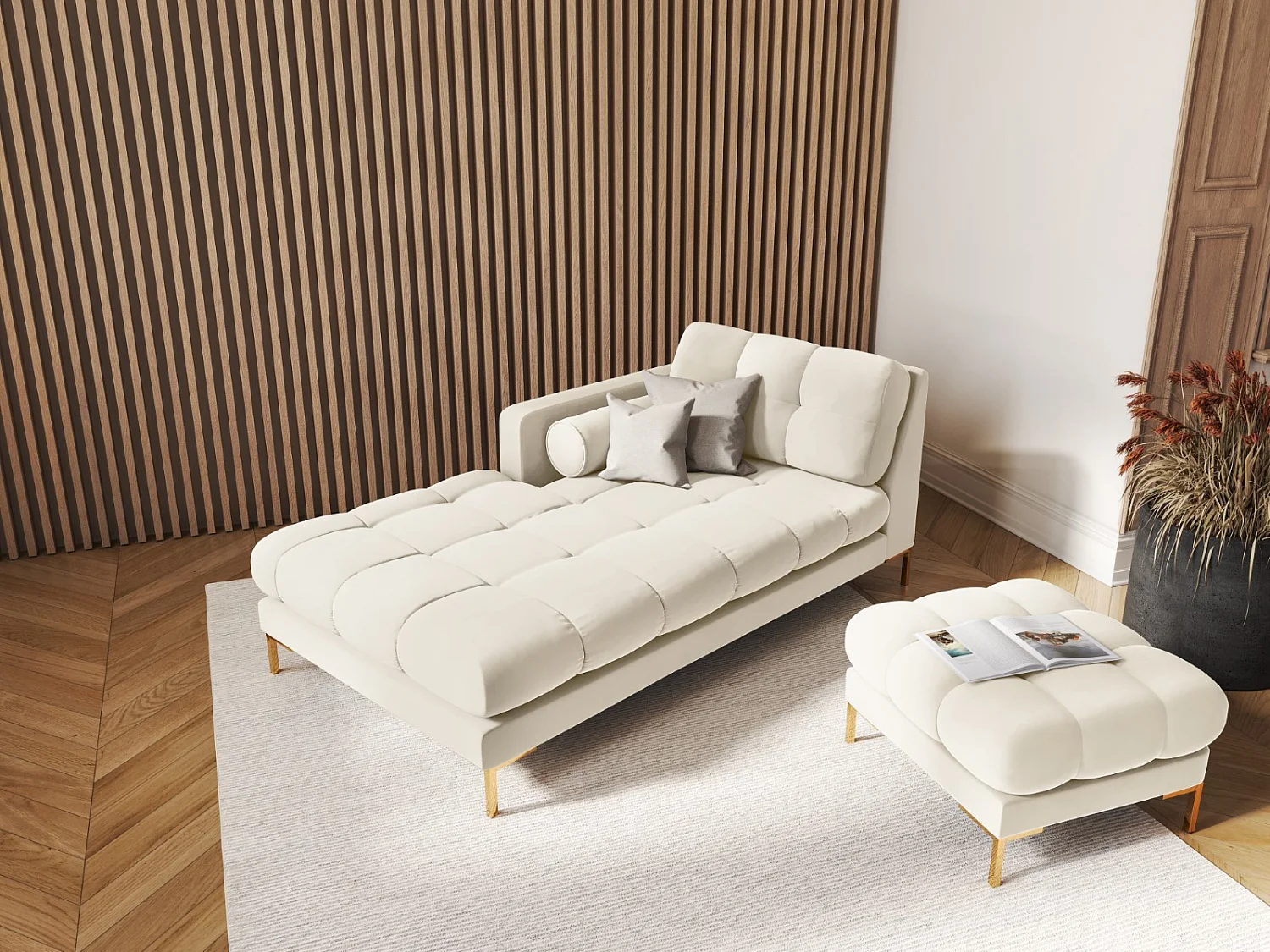 Cosmopolitan Design - Méridienne gauche "Bali" en velours beige clair - 185x102x75cm