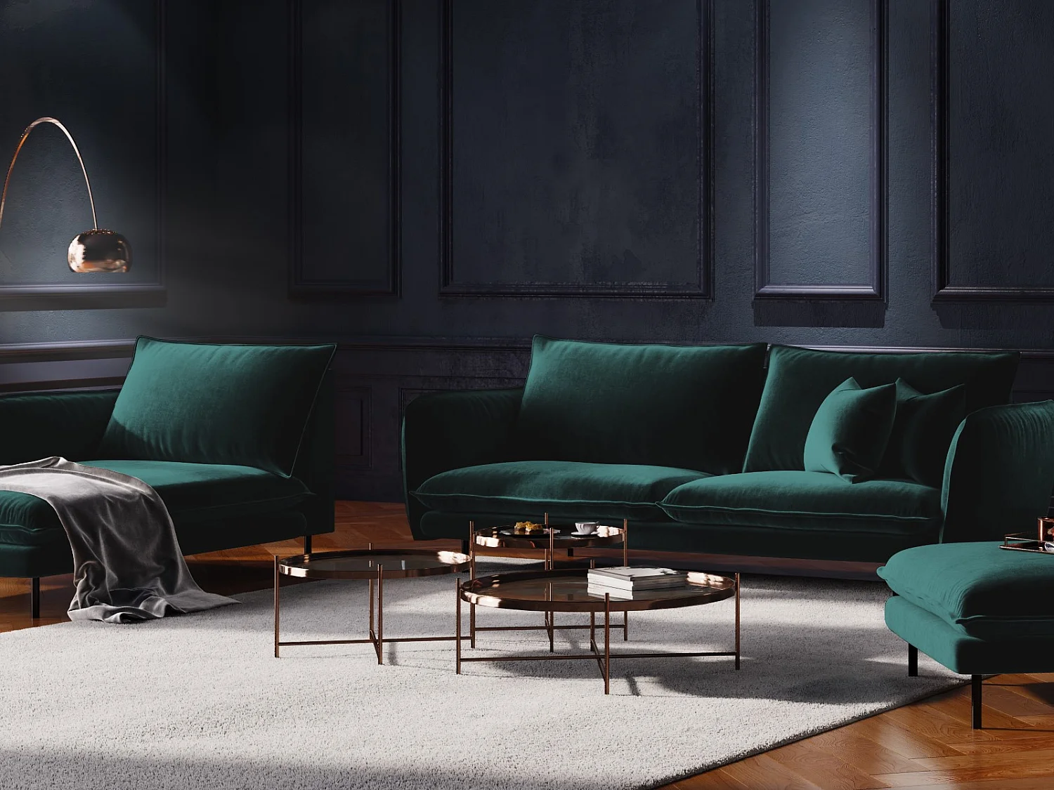 Cosmopolitan Design - Méridienne gauche "Vienna" en velours pétrole - 170x110x95cm