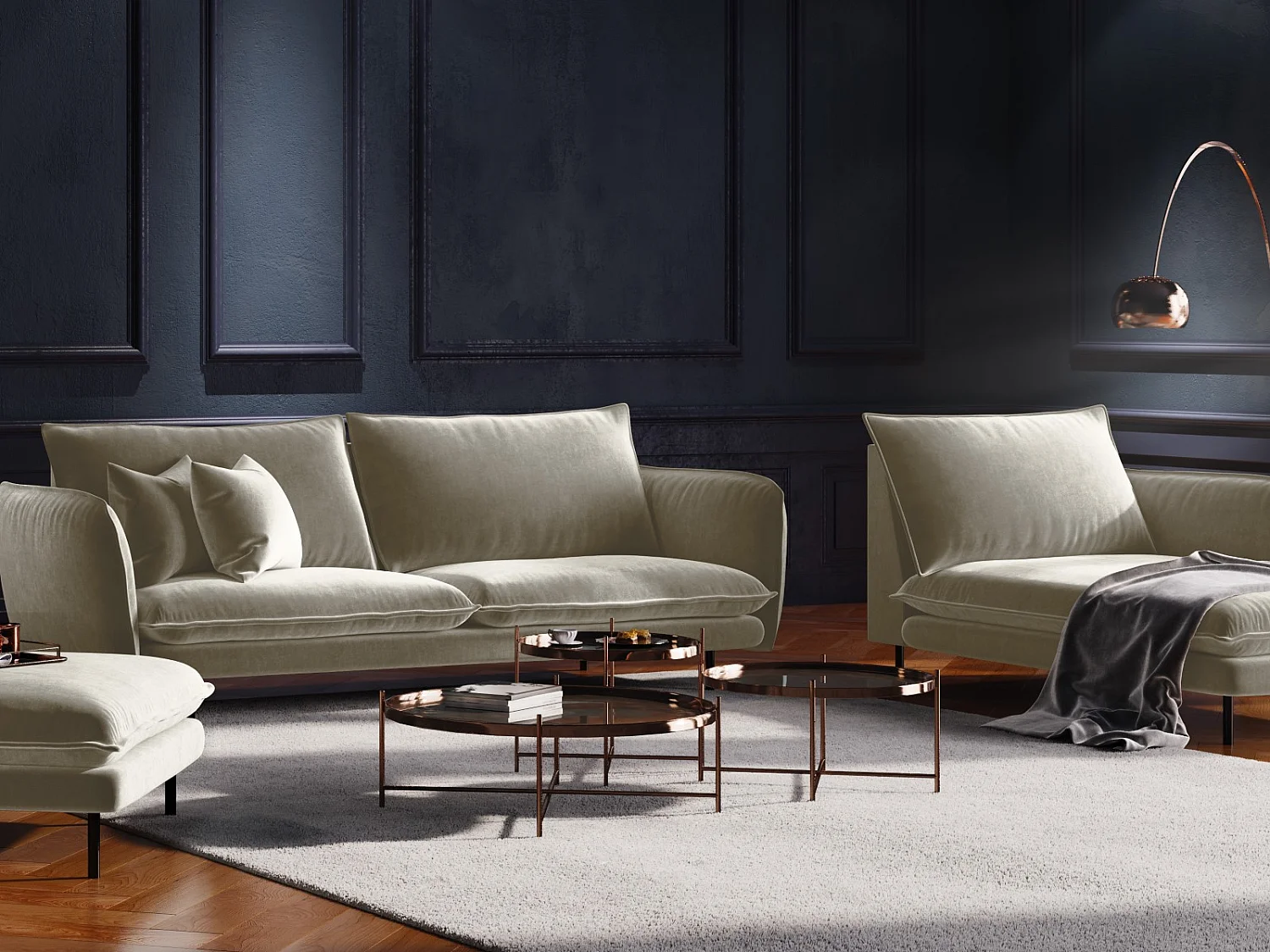 Cosmopolitan Design - Méridienne droite "Vienna" en velours beige - 170x110x95cm