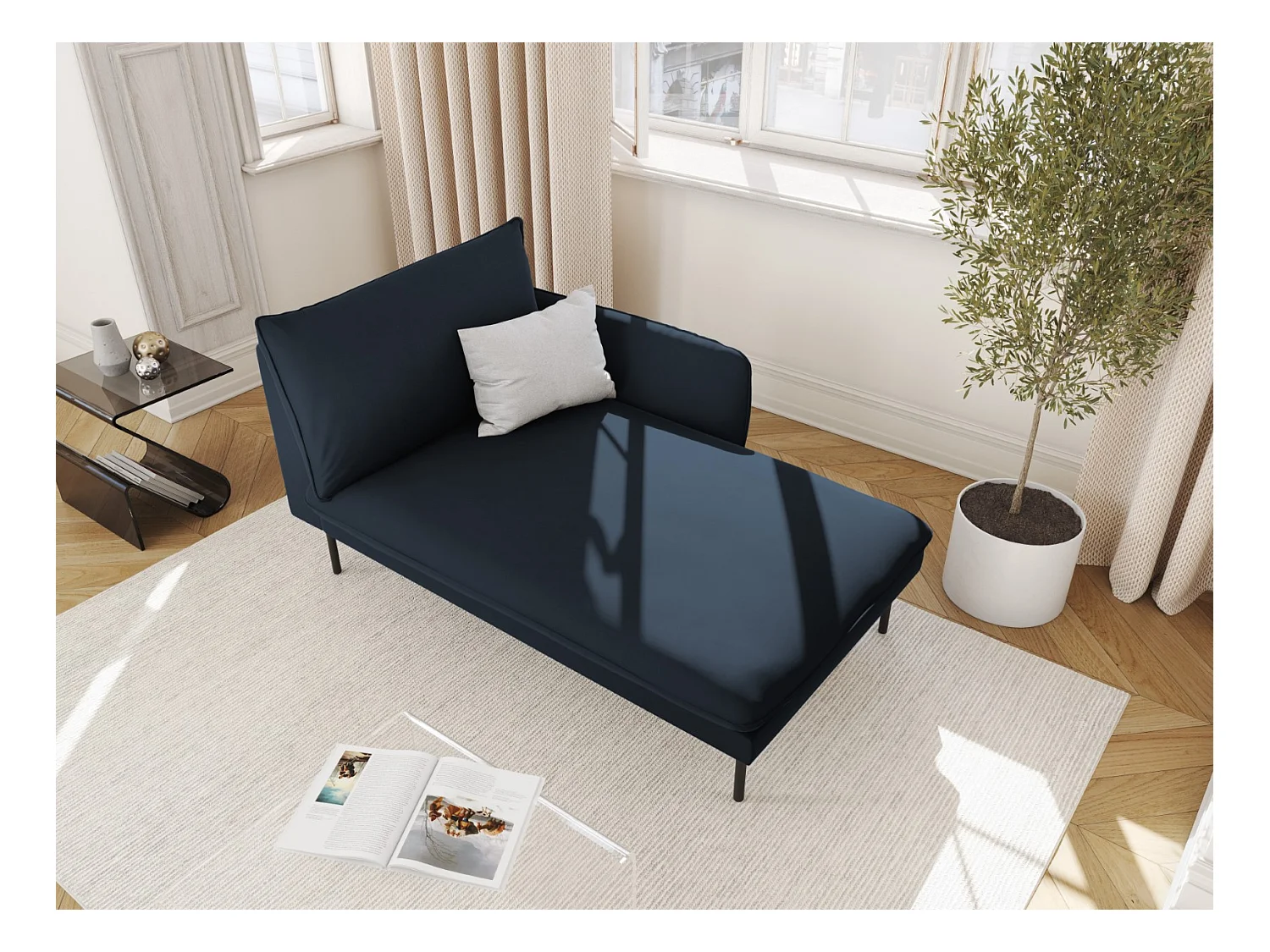 Cosmopolitan Design - Rechter chaise longue "Vienna" Flueel, Donkerblauw - 170x110x95cm
