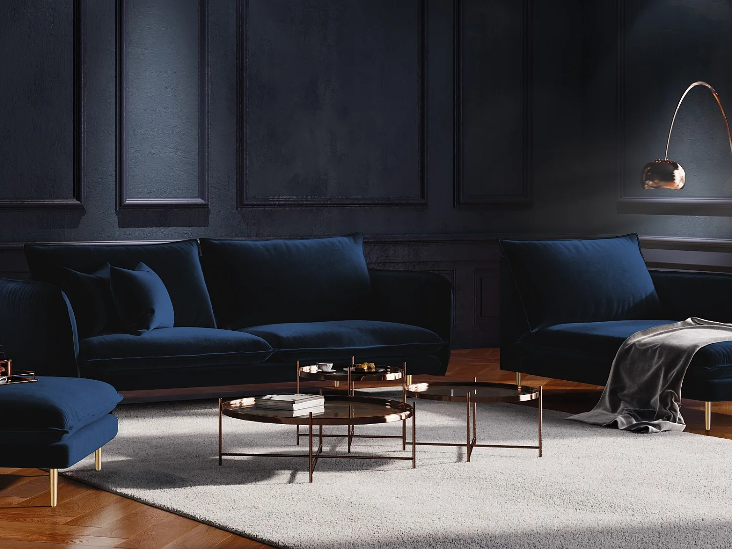 Cosmopolitan Design - Méridienne droite "Vienna" en velours bleu roi - 170x110x95cm