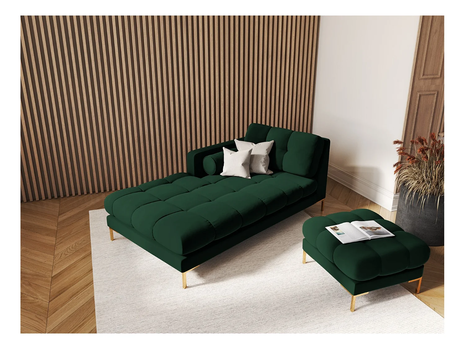 Cosmopolitan Design - Chaiselongue links "Bali" aus Samt flaschengrün - 185x102x75cm