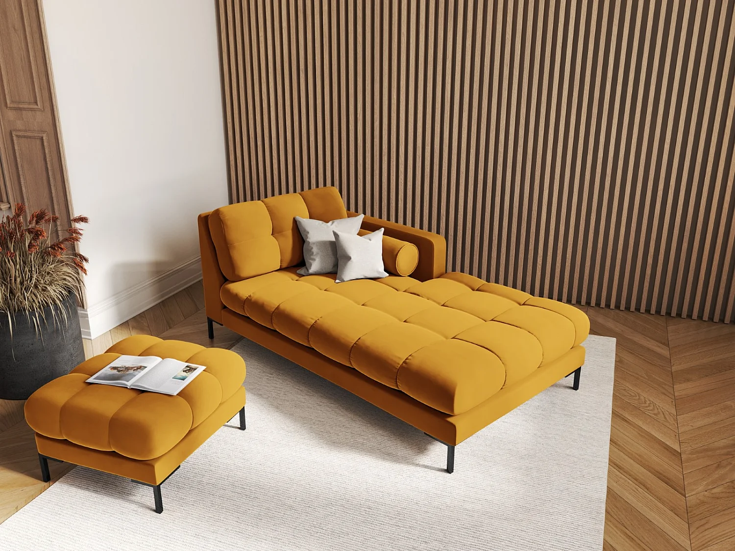 Cosmopolitan Design - Chaise longue de angulo derecho "Bali" de terciopelo amarillo - 185x102x75cm