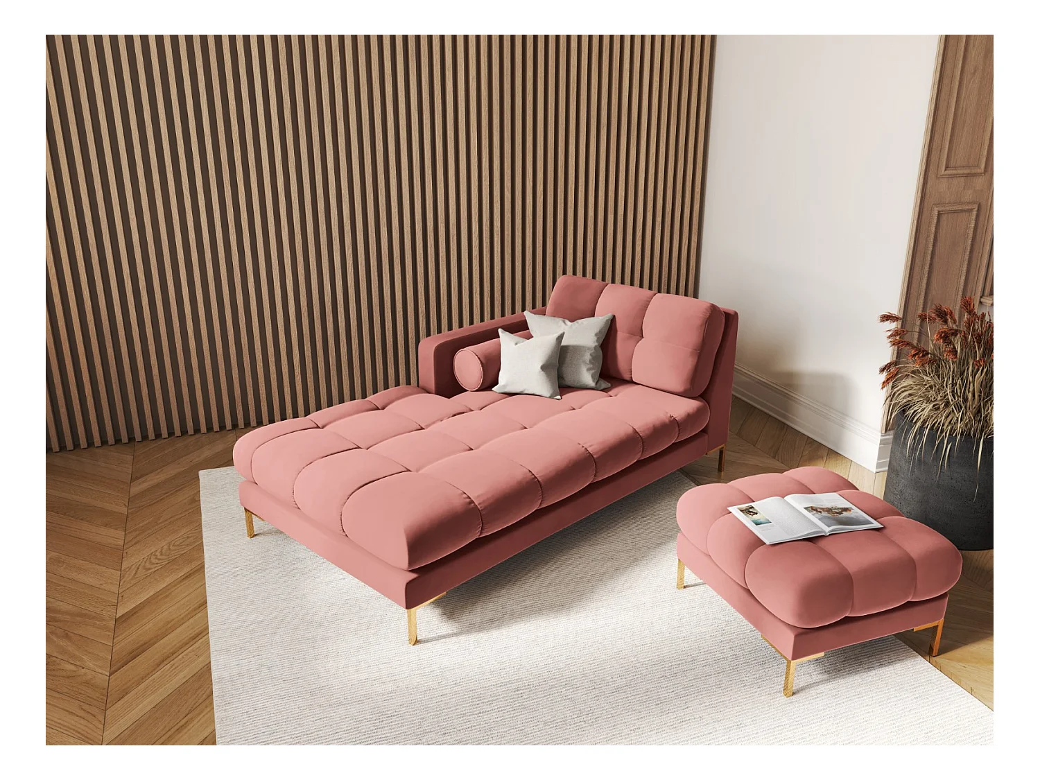 Cosmopolitan Design - Méridienne gauche "Bali" en velours rose - 185x102x75cm