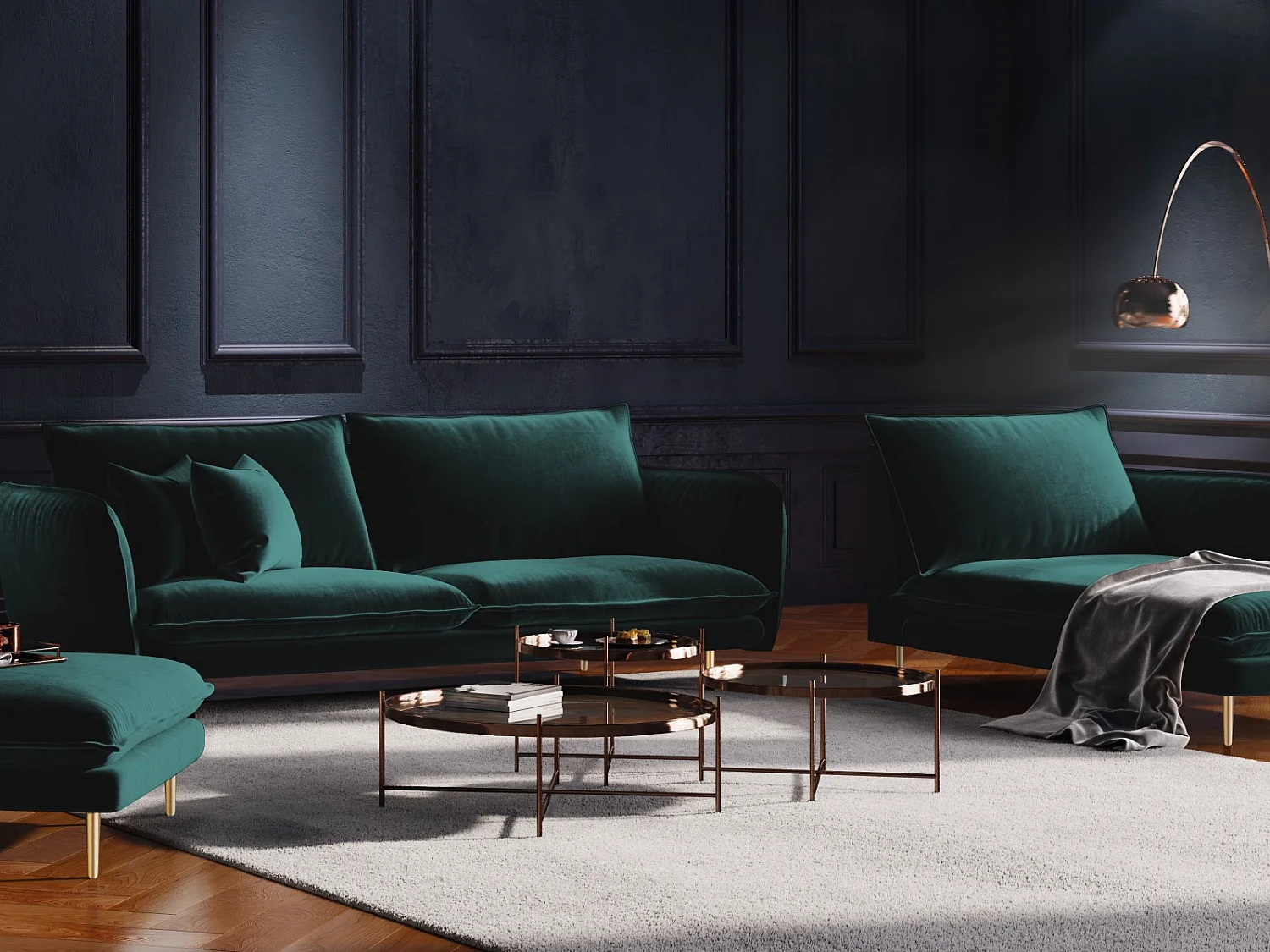 Cosmopolitan Design - Méridienne droite "Vienna" en velours pétrole - 170x110x95cm