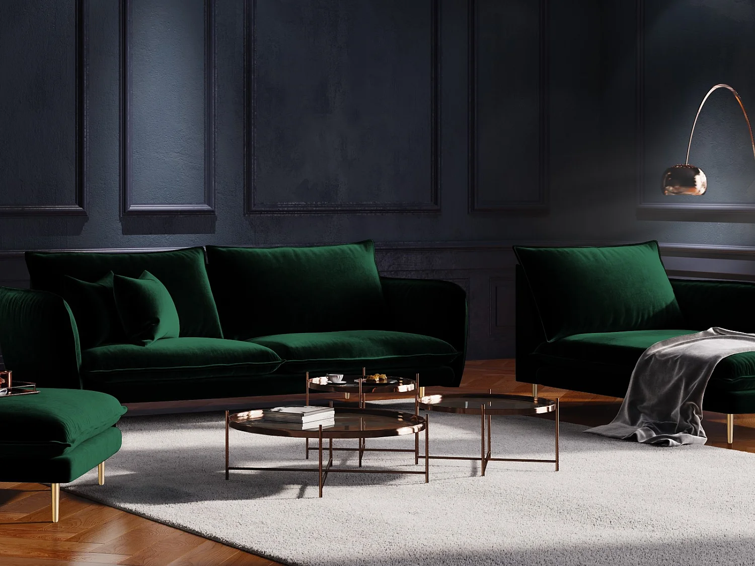 Cosmopolitan Design - Méridienne droite "Vienna" en velours vert bouteille - 170x110x95cm