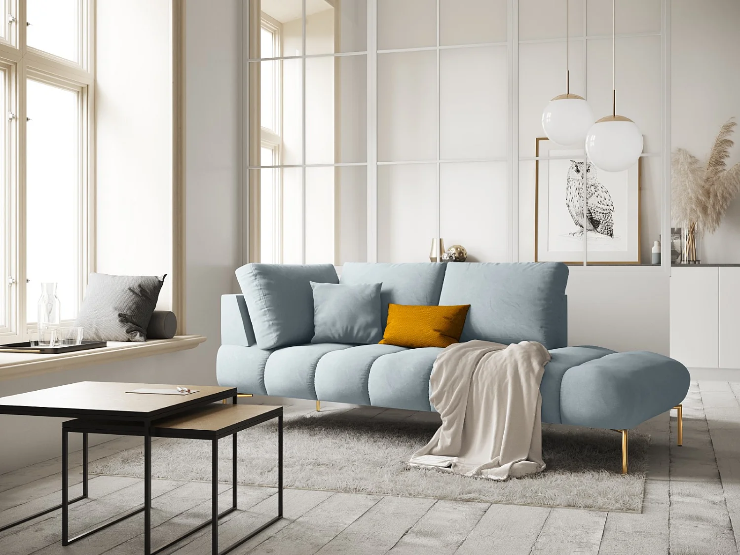 Cosmopolitan Design - Chaise longue direita "Hastings" 2 lugares em veludo azul claro - 216x102x75cm