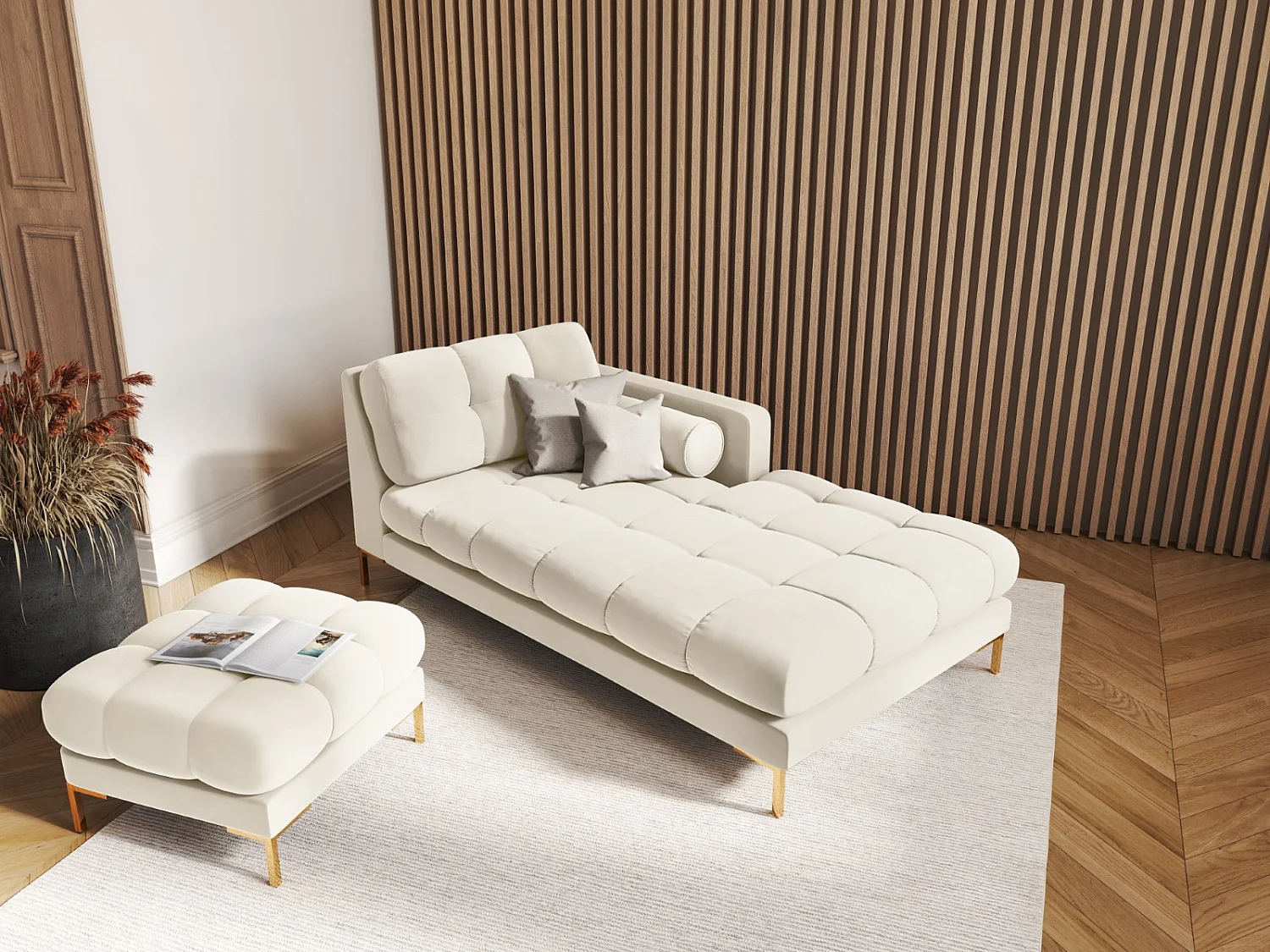 Cosmopolitan Design - Rechter chaise longue "Bali" Flueel, Lichtbeige - 185x102x75cm