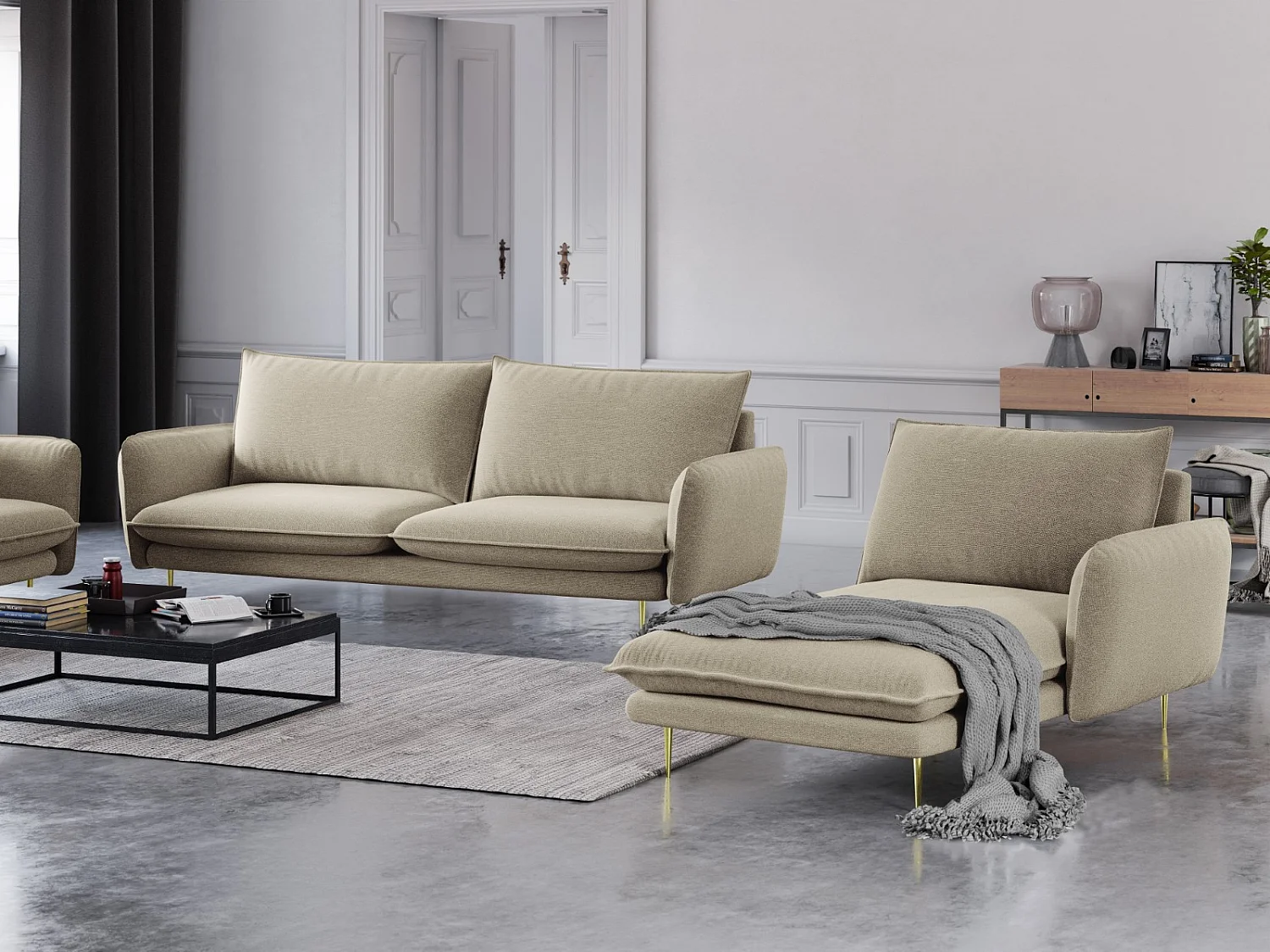 Cosmopolitan Design - Chaise longue de angulo derecho "Vienna" de tejido estructural beige - 170x110x95cm