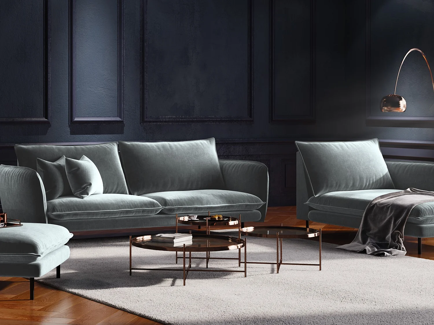 Cosmopolitan Design - Méridienne droite "Vienna" en velours gris clair - 170x110x95cm