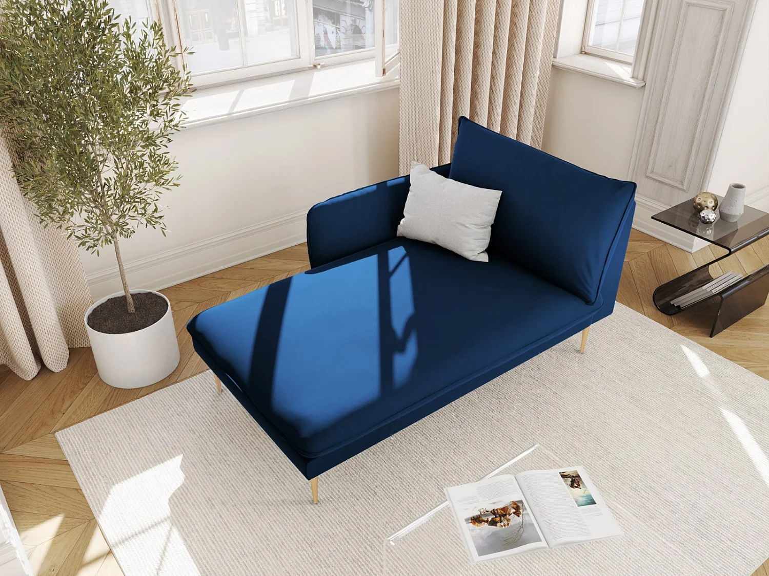 Cosmopolitan Design - Chaise longue esquerda "Vienna" em veludo azul real - 170x110x95cm