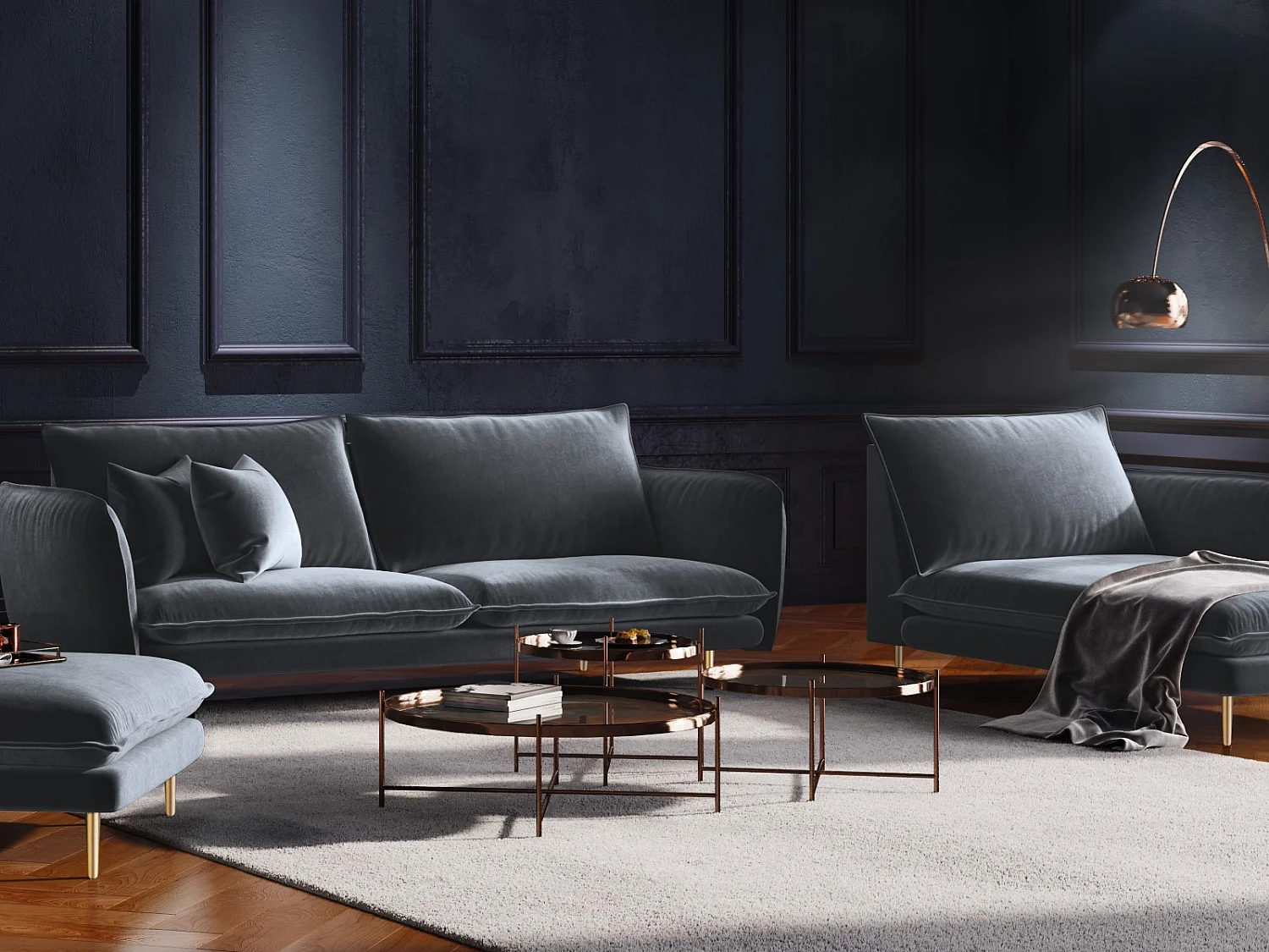 Cosmopolitan Design - Chaise longue de angulo derecho "Vienna" de terciopelo azul grisáceo - 170x110x95cm