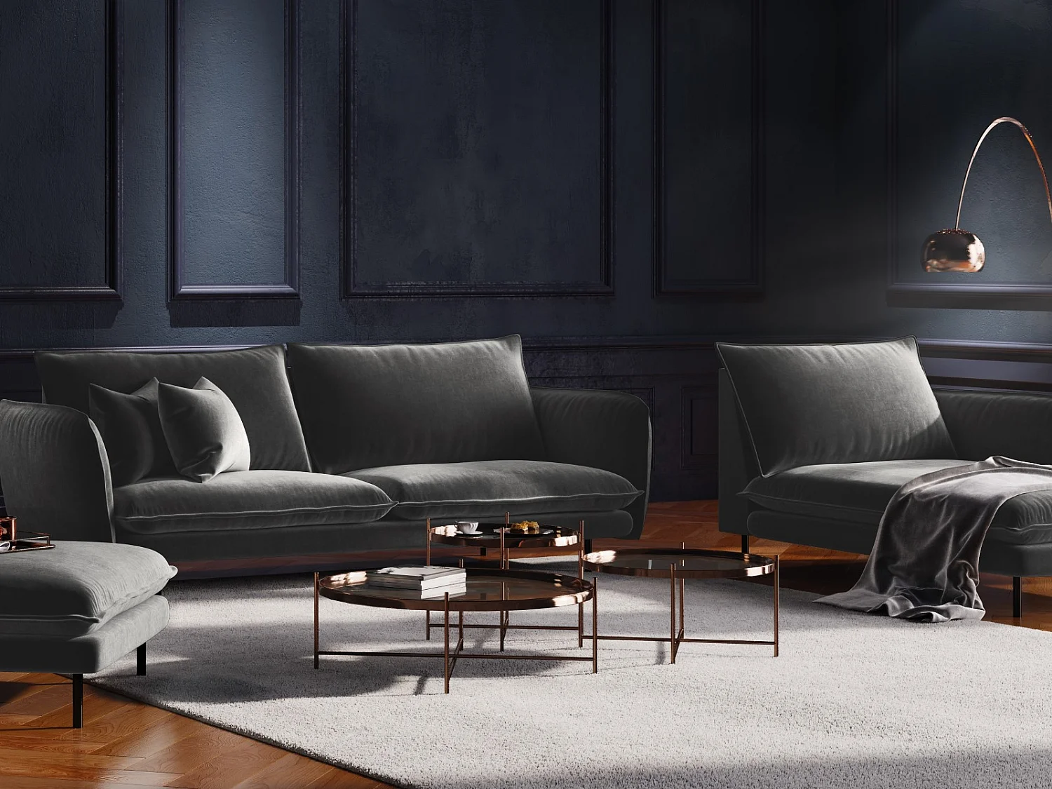 Cosmopolitan Design - Méridienne droite "Vienna" en velours gris - 170x110x95cm