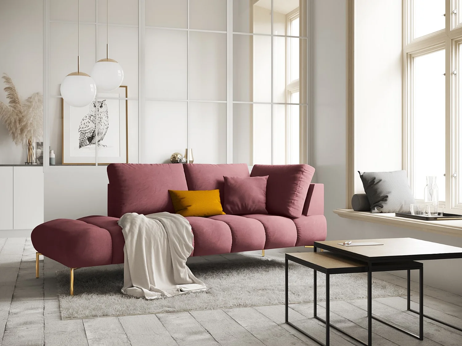Cosmopolitan Design - Chaise longue esquerda "Hastings" 2 lugares em veludo rosa - 216x102x75cm