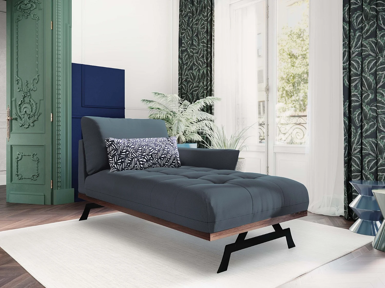 CXL by Christian Lacroix - Méridienne droite "Olivier" en tissu structurel bleu - 171x100x87cm