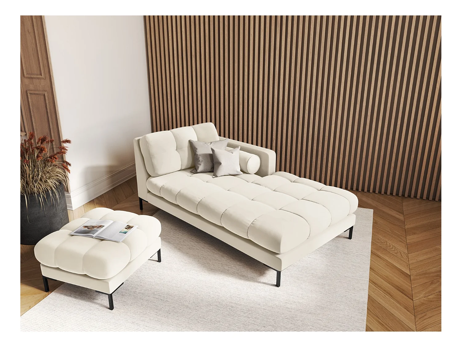 Cosmopolitan Design - Méridienne droite "Bali" en velours beige clair - 185x102x75cm