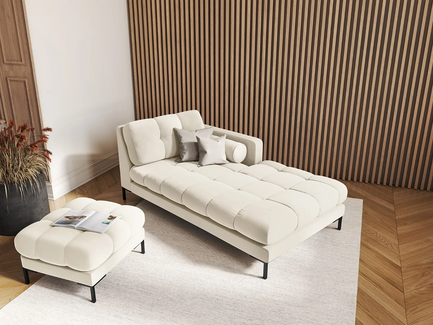 Cosmopolitan Design - Méridienne droite "Bali" en velours beige clair - 185x102x75cm