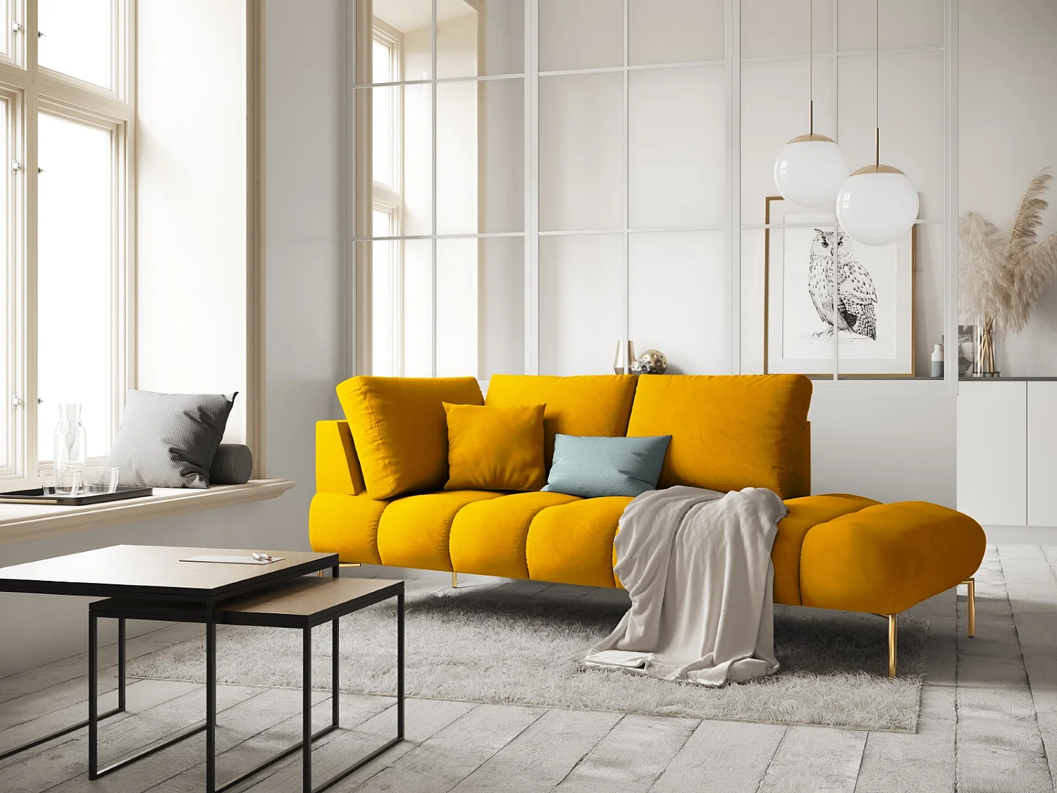 Cosmopolitan Design - Chaise longue direita "Hastings" 2 lugares em veludo amarelo - 216x102x75cm