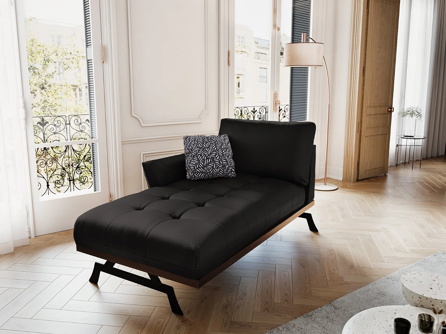 CXL by Christian Lacroix - Méridienne gauche "Olivier" en cuir véritable noir - 171x100x87cm