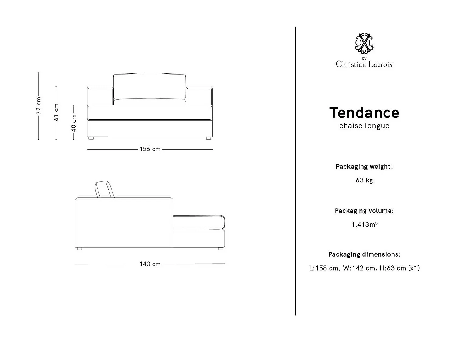 CXL by Christian Lacroix - Chaise longue "Tendance" Structurele stof, Zwart - 156x140x72cm