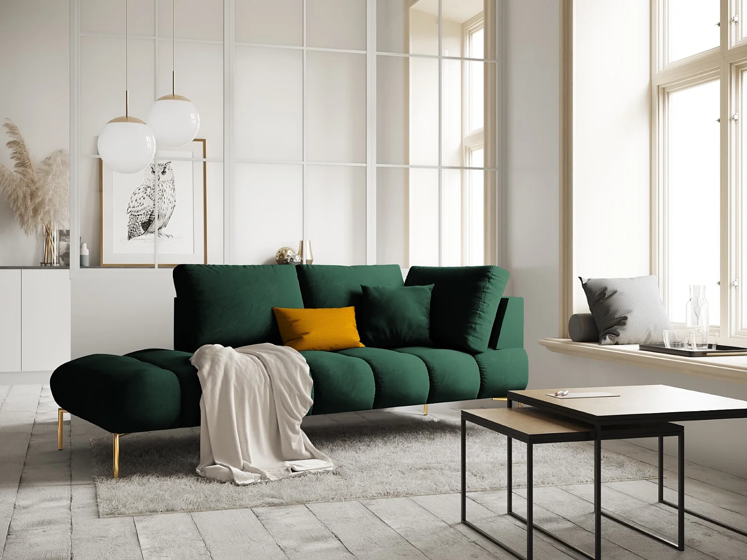 Cosmopolitan Design - Chaise longue esquerda "Hastings" 2 lugares em veludo verde garrafa - 216x102x75cm