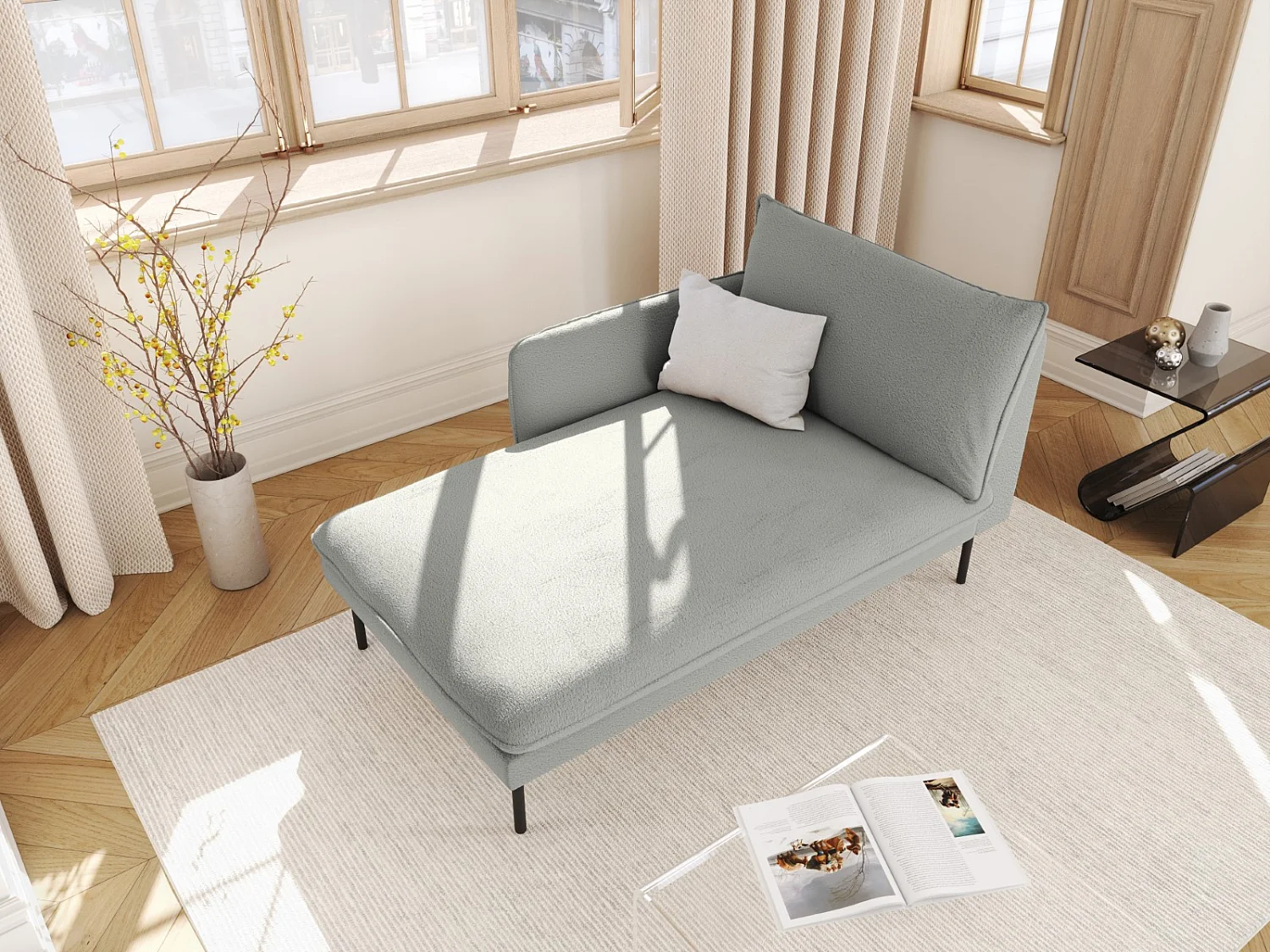 Cosmopolitan Design - Chaise longue esquerda "Vienna" em tecido bouclé cinza - 170x110x95cm
