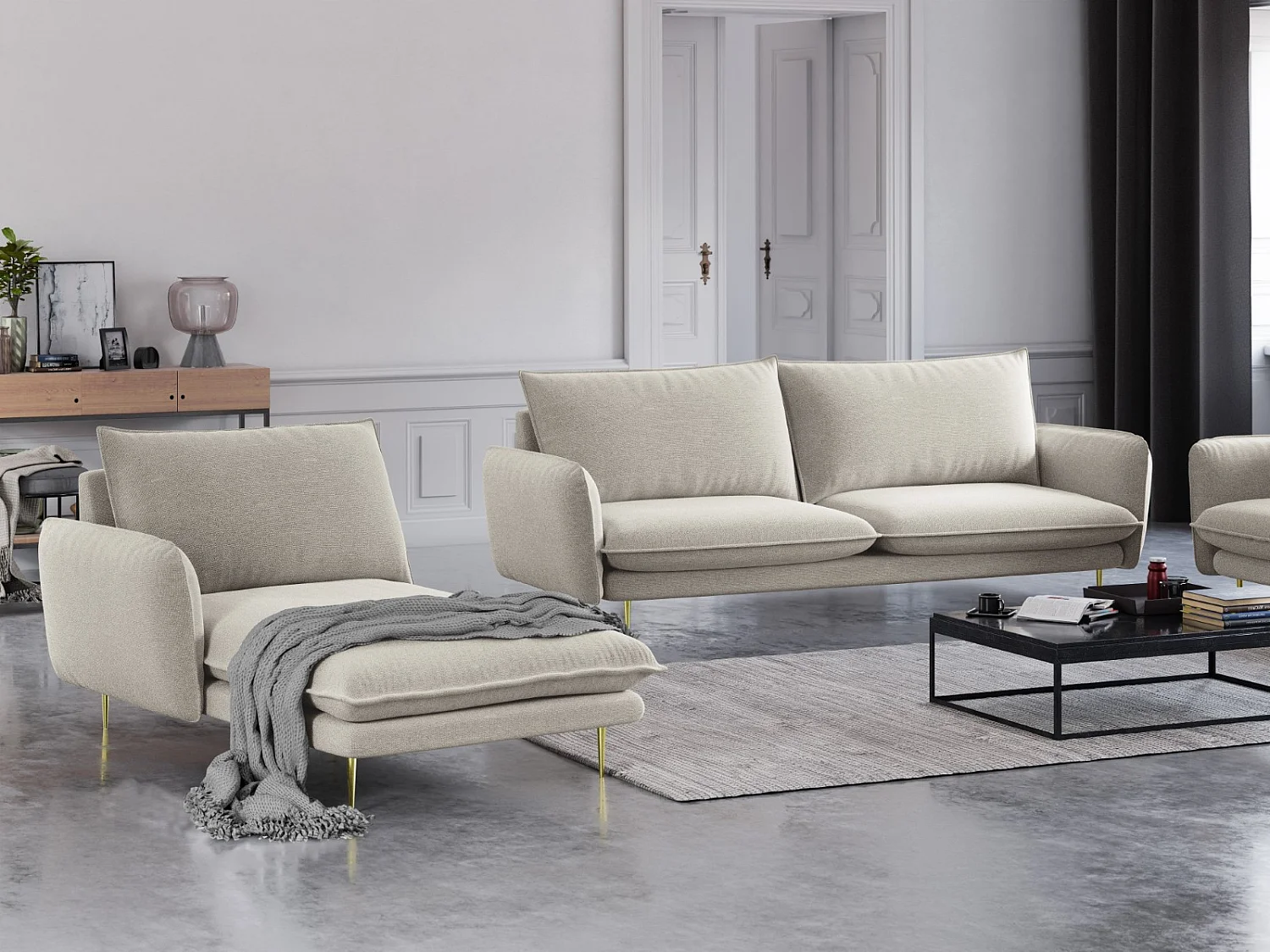 Cosmopolitan Design - Chaise longue esquerda "Vienna" em tecido estrutural bege claro - 170x110x95cm
