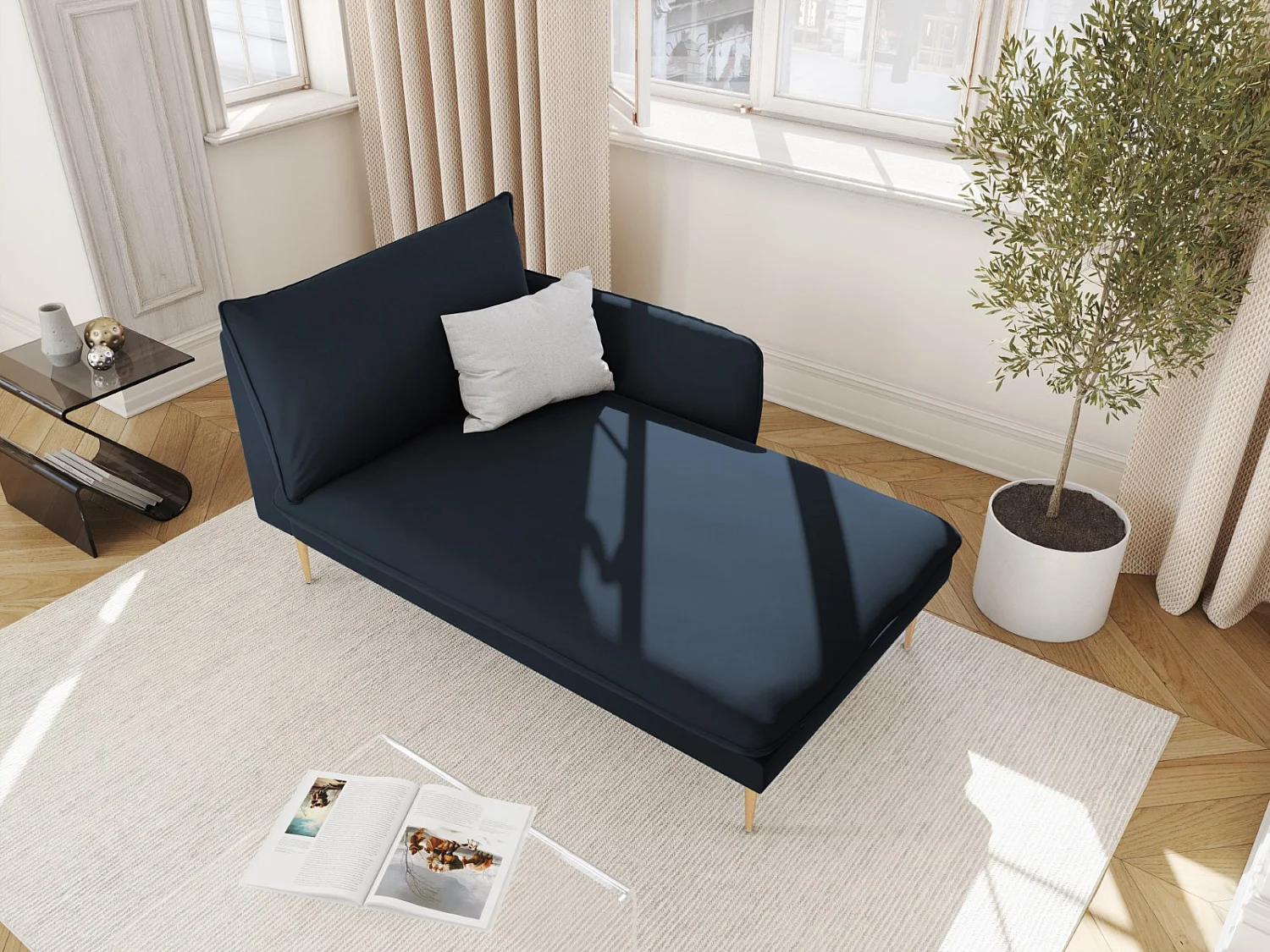 Cosmopolitan Design - Chaise longue direita "Vienna" em veludo azul escuro - 170x110x95cm