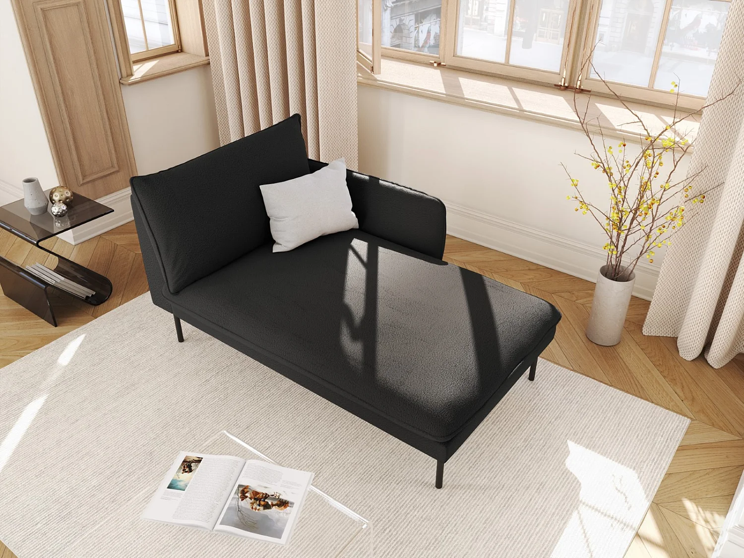 Cosmopolitan Design - Chaise longue de angulo derecho "Vienna" de tejido bouclé negro - 170x110x95cm