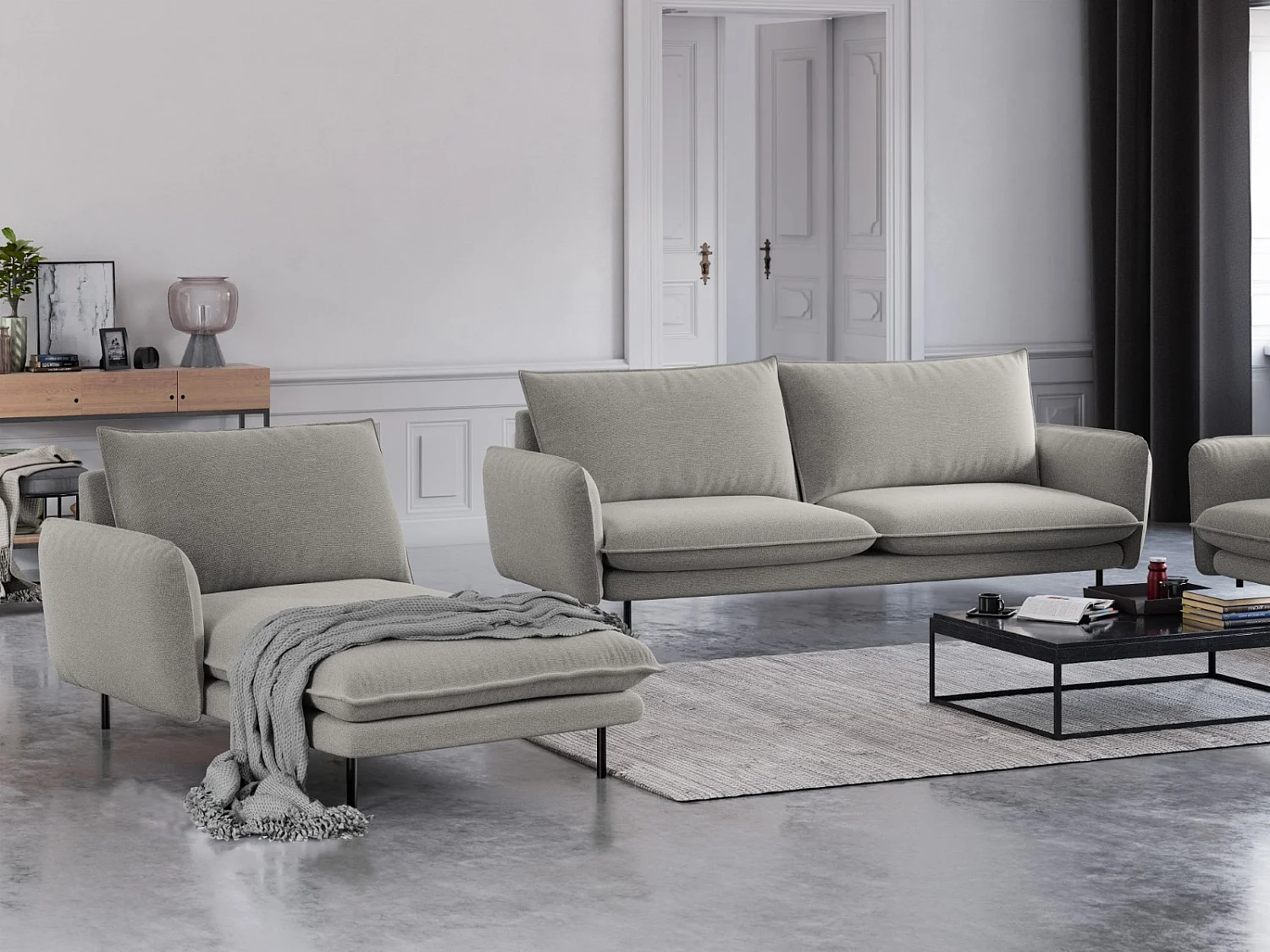 Cosmopolitan Design - Chaiselongue links "Vienna" aus strukturiertem Stoff hellgrau - 170x110x95cm