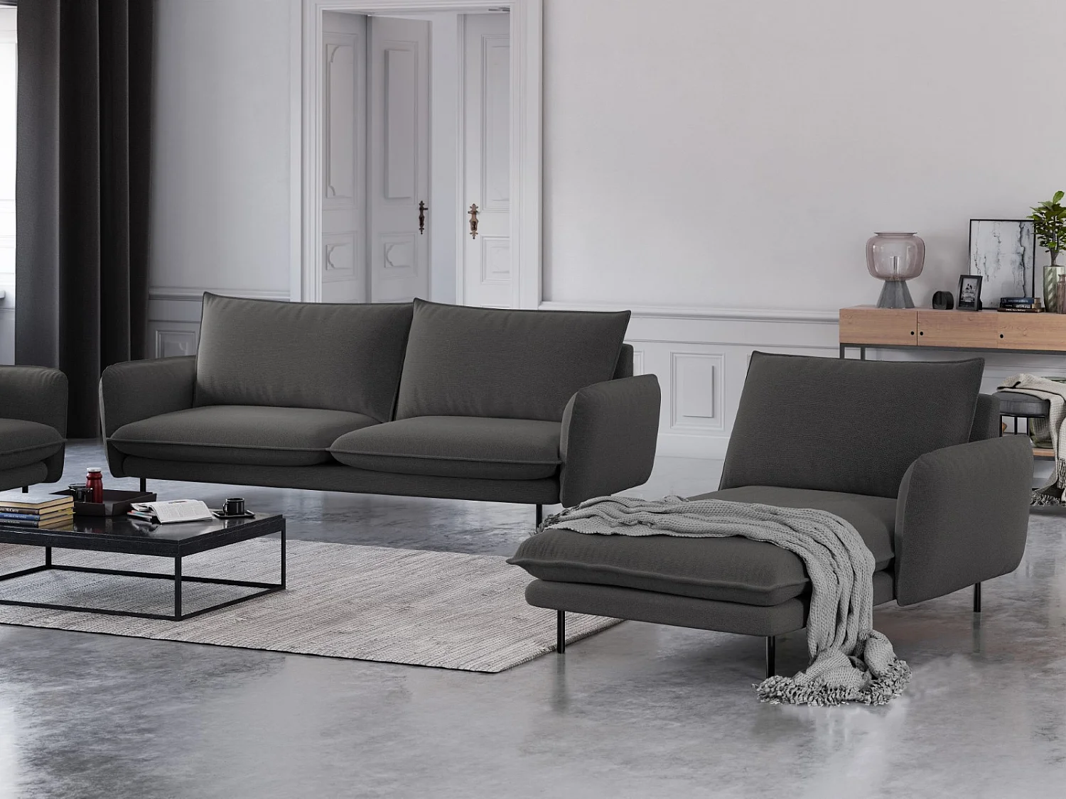 Cosmopolitan Design - Méridienne droite "Vienna" en tissu structurel gris foncé - 170x110x95cm