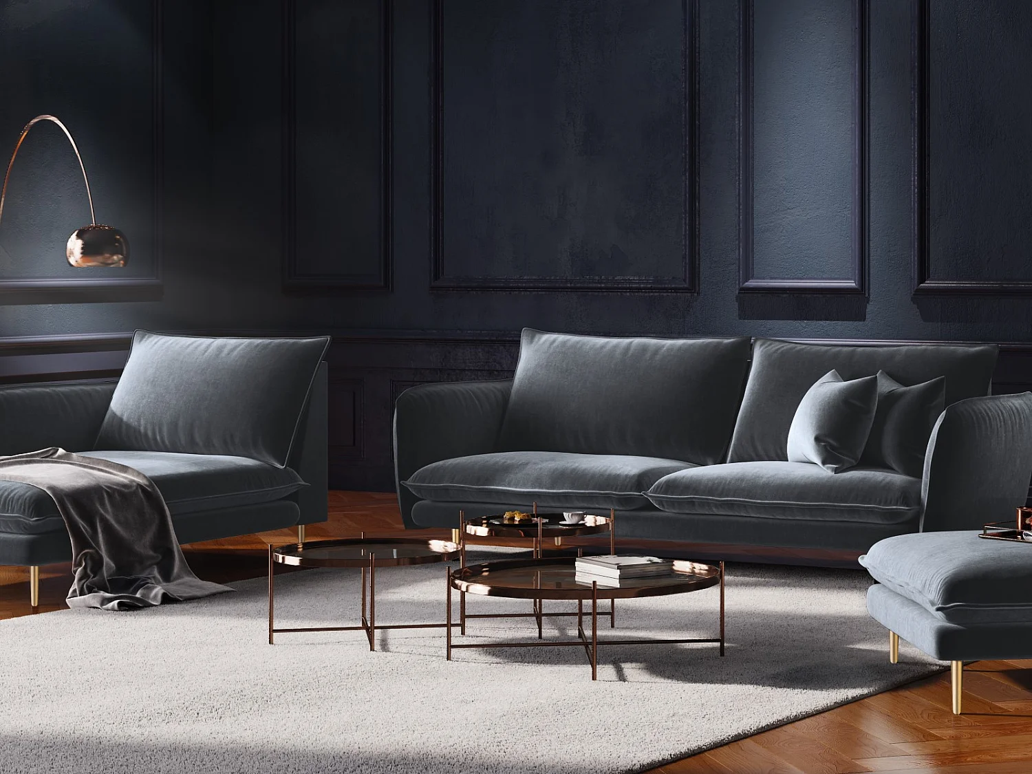 Cosmopolitan Design - Méridienne gauche "Vienna" en velours bleu gris - 170x110x95cm