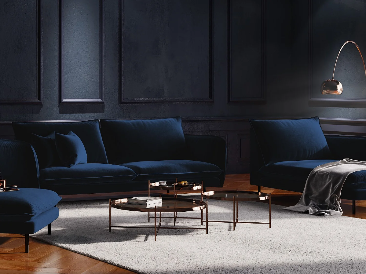 Cosmopolitan Design - Méridienne droite "Vienna" en velours bleu roi - 170x110x95cm