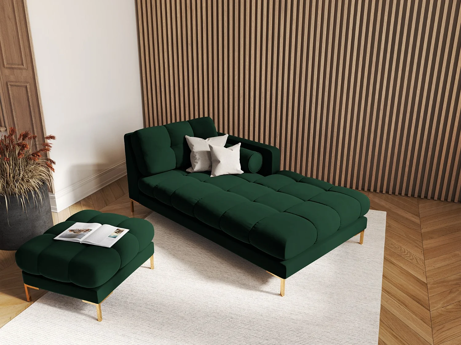 Cosmopolitan Design - Chaise longue direita "Bali" em veludo verde garrafa - 185x102x75cm