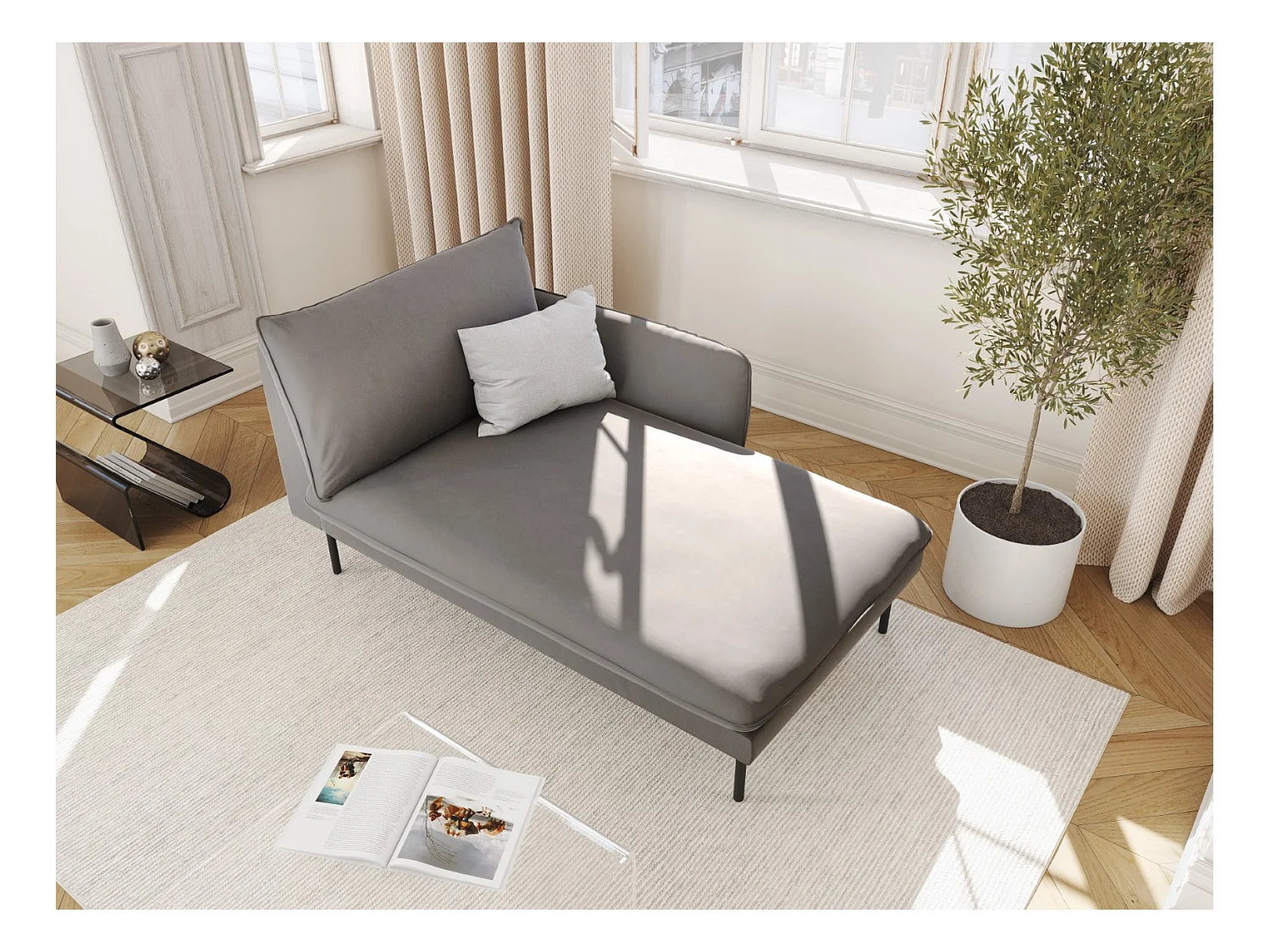 Cosmopolitan Design - Méridienne droite "Vienna" en velours gris clair - 170x110x95cm