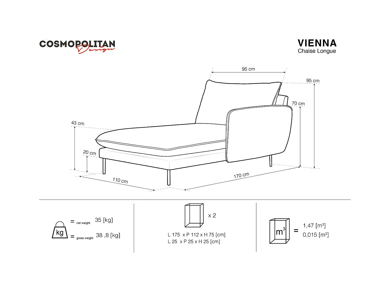 Cosmopolitan Design - Méridienne droite "Vienna" en velours gris clair - 170x110x95cm
