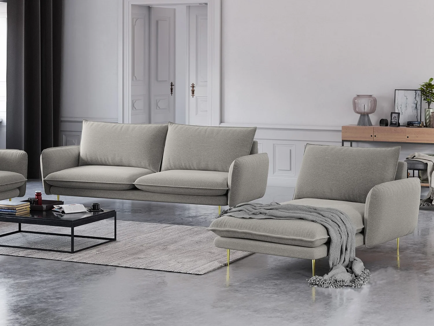 Cosmopolitan Design - Chaise longue de angulo derecho "Vienna" de tejido estructural gris claro - 170x110x95cm