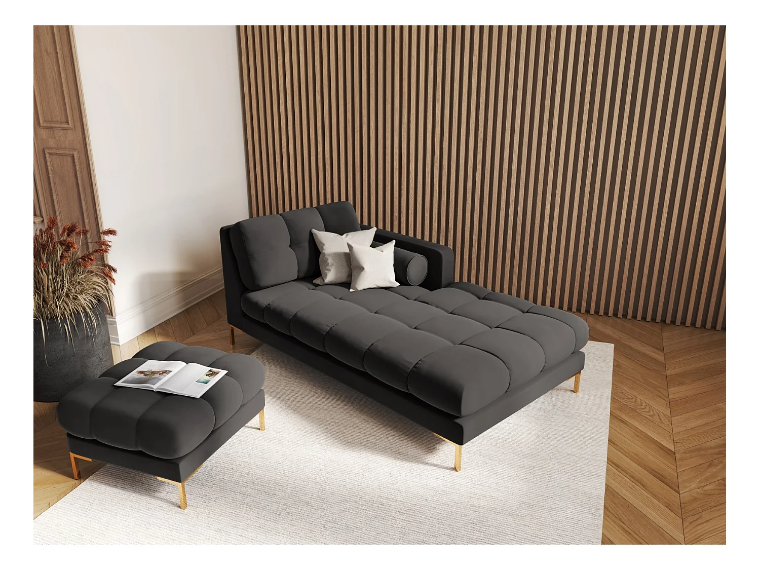 Cosmopolitan Design - Méridienne droite "Bali" en velours gris foncé - 185x102x75cm