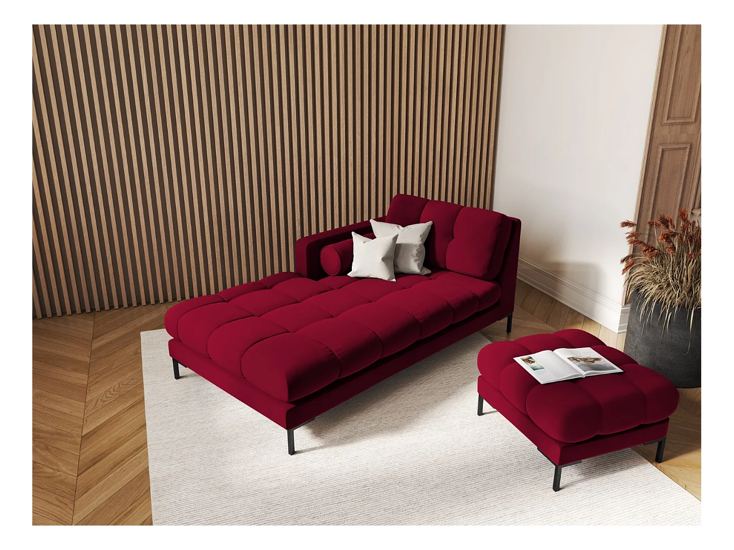 Cosmopolitan Design - Méridienne gauche "Bali" en velours rouge - 185x102x75cm