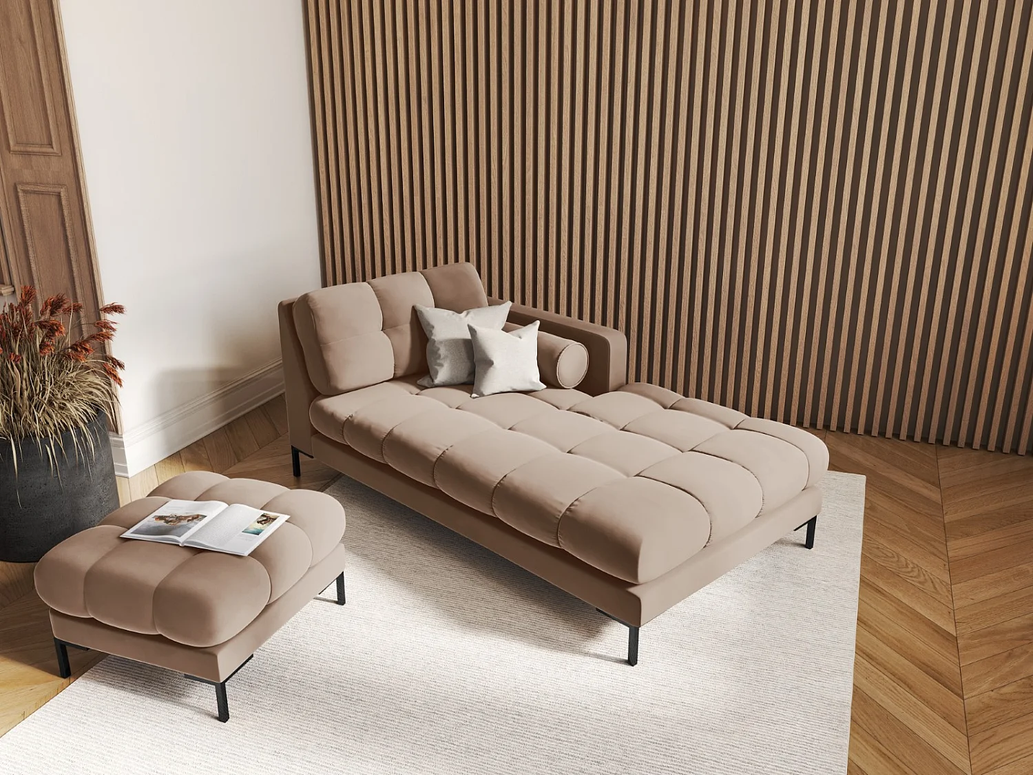 Cosmopolitan Design - Chaise longue destra "Bali" in velluto beige - 185x102x75cm