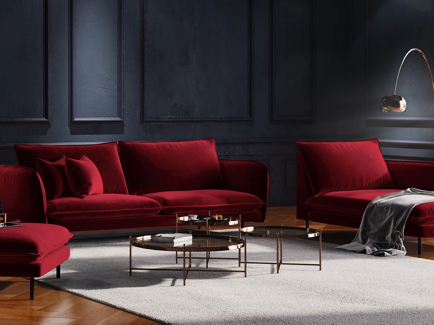 Cosmopolitan Design - Méridienne droite "Vienna" en velours rouge - 170x110x95cm